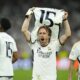 Real Madrid's Luka Modric celebrates after winning the Champions League semifinal second leg soccer match between Real Madrid and Bayern Munich at the Santiago Bernabeu stadium in Madrid, Spain, Wednesday, May 8, 2024. Real Madrid won 2-1. (AP Photo/Jose Breton)