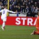 Fiorentina's Lucas Beltran, left, celebrates after scoring his sides first goal on a penalty during the Europa Conference League semi-final second leg soccer match between Club Brugge and Fiorentina at the Jan Breydel Stadium in Bruges, Belgium, Wednesday, May 8, 2024. (AP Photo/Omar Havana)