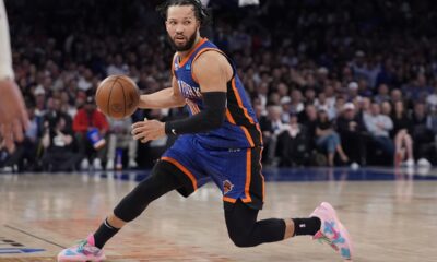 New York Knicks' Jalen Brunson (11) looks to pass during the second half of Game 5 in an NBA basketball second-round playoff series against the Indiana Pacers, Tuesday, May 14, 2024, in New York. The Knicks won 121-91. (AP Photo/Frank Franklin II)