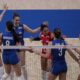 Serbia's players celebrate after scoring a point against the Dominican Republic during a Volleyball Women's Nations League match at the Maracanazinho stadium in Rio de Janeiro, Brazil, Wednesday, May 15, 2024. (AP Photo/Bruna Prado)