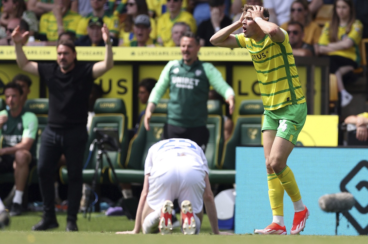 Norwich City's Sydney van Hooijdonk, right, reacts to a decision, during the English Football League Championship playoff, semi-final, first leg soccer match between Norwich and Leeds United, at Carrow Road, Norwich, England, Sunday May 12, 2024. In the race to secure the last promotion spot for the Premier League, Norwich and Leeds drew 0-0 in the first-leg of their Championship play-off semifinal on Sunday. (Steven Paston/PA via AP)