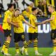 Dortmund's players celebrate after the Champions League semifinal first leg soccer match between Borussia Dortmund and Paris Saint-Germain at the Signal-Iduna Park in Dortmund, Germany, Wednesday, May 1, 2024. (AP Photo/Martin Meissner)