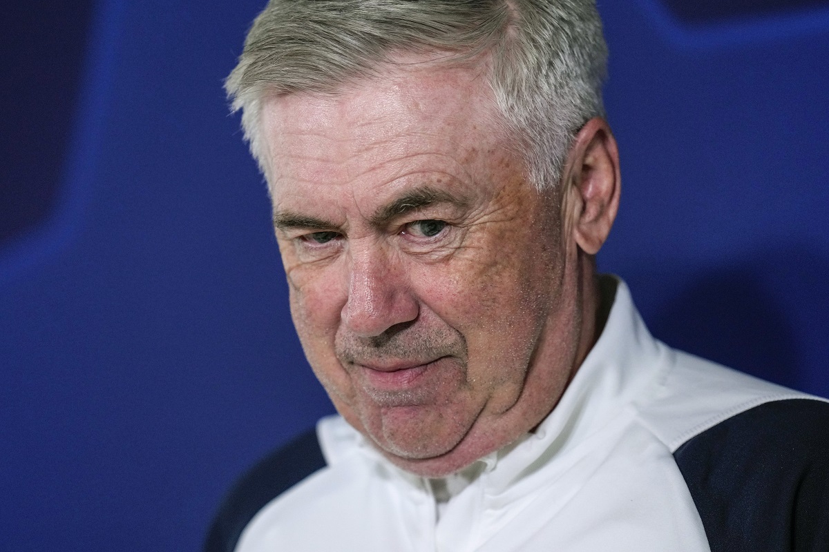 Real Madrid's head coach Carlo Ancelotti arrives for a press conference during a Media Opening day training session in Madrid, Spain, Monday, May 27, 2024. Borussia Dortmund will play against Real Madrid in Saturday's Champions League soccer final in London. (AP Photo/Manu Fernandez)