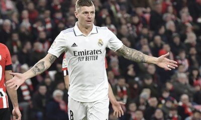 FILE - Real Madrid's Toni Kros celebrates after scoring his side's second goal during the Spanish La Liga soccer match between Athletic Club Bilbao and Real Madrid at the San Mames stadium in Bilbao, Spain, Sunday, Jan. 22, 2023. Real Madrid said the 34-year-old German international “has decided to bring an end to his time as a professional footballer following Euro 2024.” (AP Photo/Alvaro Barrientos, File)