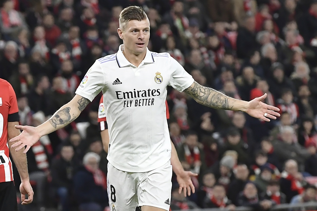 FILE - Real Madrid's Toni Kros celebrates after scoring his side's second goal during the Spanish La Liga soccer match between Athletic Club Bilbao and Real Madrid at the San Mames stadium in Bilbao, Spain, Sunday, Jan. 22, 2023. Real Madrid said the 34-year-old German international “has decided to bring an end to his time as a professional footballer following Euro 2024.” (AP Photo/Alvaro Barrientos, File)