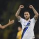 Inter Milan's Marko Arnautovic celebrates scoring during the Serie A soccer match between Frosinone and Inter at the Frosinone Benito Stirpe stadium, Italy, Friday May 10, 2024. (Alfredo Falcone/LaPresse via AP)