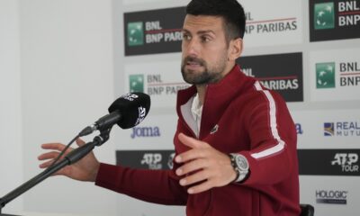 Serbia's Novak Djokovic talks to journalists during a press conference at the Italian Open tennis tournament in Rome, Wednesday, May 8, 2024.(AP Photo/Gregorio Borgia)