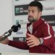 Serbia's Novak Djokovic talks to journalists during a press conference at the Italian Open tennis tournament in Rome, Wednesday, May 8, 2024.(AP Photo/Gregorio Borgia)