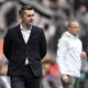 Berlin's head coach Nenad Bjelica, front, follows the German Bundesliga soccer match between Borussia Moenchengladbach and 1. FC Union Berlin in Moenchengladbach, Germany, Sunday, April 28, 2024. (Federico Gambarini/dpa via AP)