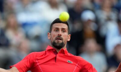 Serbia's Novak Djokovic returns the ball to France's Corentin Moutet at the Italian Open tennis tournament in Rome, Friday, May 10, 2024. (AP Photo/Alessandra Tarantino)