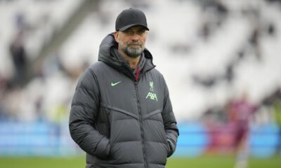 Liverpool's manager Jurgen Klopp looks on prior to the start of the English Premier League soccer match between West Ham United and Liverpool at London stadium in London, Saturday, April 27, 2024. (AP Photo/Kin Cheung)