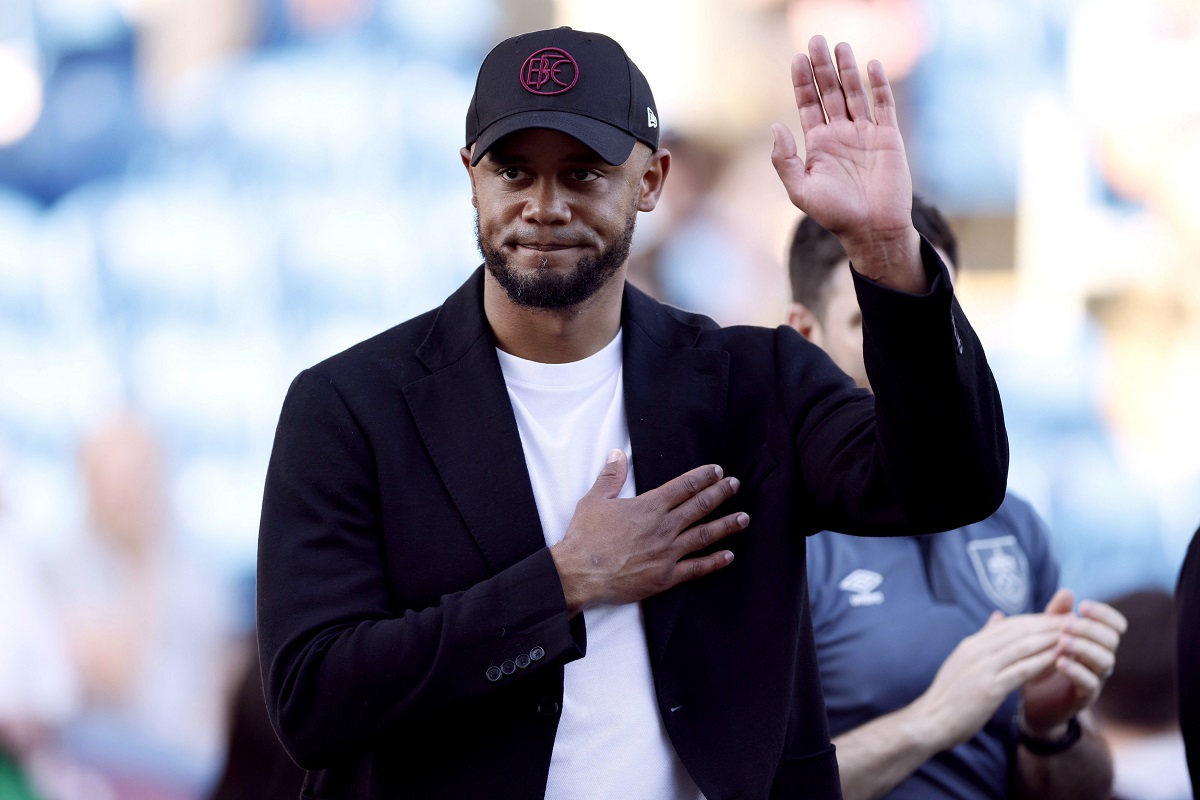 Burnley manager Vincent Kompany gestures, during the English Premier League soccer match between Burnley and Nottingham Forest, at Turf Moor, in Burnley, England, Sunday, May 19, 2024. (Richard Sellers/PA via AP)