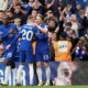 Chelsea's Conor Gallagher, right, celebrates after scoring his side's second goal during the English Premier League soccer match between Chelsea and West Ham United at Stamford Bridge stadium in London, England, Sunday, May 5, 2024. (AP Photo/Frank Augstein)