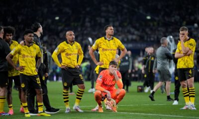 Dortmund's players react at the end of the Champions League final soccer match between Borussia Dortmund and Real Madrid at Wembley stadium in London, Saturday, June 1, 2024. Real Madrid won 2-0. (AP Photo/Kin Cheung)