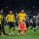 Dortmund's players react at the end of the Champions League final soccer match between Borussia Dortmund and Real Madrid at Wembley stadium in London, Saturday, June 1, 2024. Real Madrid won 2-0. (AP Photo/Kin Cheung)
