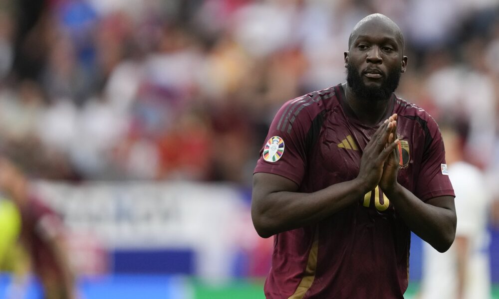 Belgium's Romelu Lukaku gestures on the pitch during a Group E match between Belgium and Slovakia at the Euro 2024 soccer tournament in Frankfurt, Germany, Monday, June 17, 2024. (AP Photo/Darko Vojinovic)