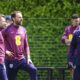 England coach Chris Jones, manager Gareth Southgate, center, and assistant manager Steve Holland during a training session during a training session at the Tottenham Hotspur Training Session, London, Thursday June 6, 2024. (Zac Goodwin/PA via AP)