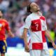 Croatia's Lovro Majer reacts during a Group B match between Spain and Croatia at the Euro 2024 soccer tournament in Berlin, Germany, Saturday, June 15, 2024. (AP Photo/Ebrahim Noroozi)