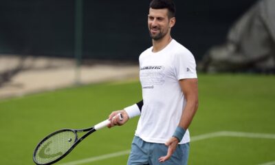 Serbia's Novak Djokovic during a training session at the All England Lawn Tennis and Croquet Club in Wimbledon ahead of the Wimbledon tennis tournament, Monday June 24, 2024. (John Walton/PA via AP)