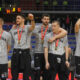 OGNJEN JARAMAZ, RADE ZAGORAC, DJORDJE GAGIC, ALEKSANDAR ARANITOVIC, VANJA MARINKOVIC, LAZAR STEFANOVIC, kosarkasi Partizana proslavljaju pobedu na utakmici finala kupa Radivoja Koraca protiv Crvene zvezde, u hali Cair. Nis, 17.02.2019. foto: Nebojsa Parausic Kosarka, Finale kupa Srbije, Crvena zvezda, Partizan, Radost