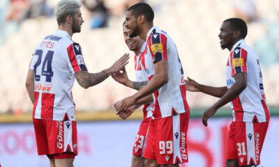 CRISTIANO PICCINI Kristijano Picini , OHIKHUAEME OMOIJUANFO Ohikuaeme Omoidzuanfo, EL FARDOU BEN NABOUHANE El Fardu Ben Nabuhan fudbaleri Crvene zvezde na utakmici Kupa Srbije protiv Novog Pazara na stadionu Rajko Mitic, Beograd 11.05.2022. godine Foto: Marko Metlas Fudbal, Crvena zvezda, Kup Srbije, Novi Pazar