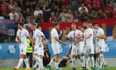 JAKA BIJOL, JURE BALKOVEC, ZAN KARNICNIK, DOMEN CRNIGOJ, MIHA MEVLJA, BENJAMIN SESKO RADOST fudbalera reprezentacije Slovenije na utakmici UEFA Lige nacija protiv Srbije na stadionu Stozice, Ljubljana 12.06.2022. godine Foto: Marko Metlas Fudbal, Srbija, Slovenija, UEFA Liga nacija