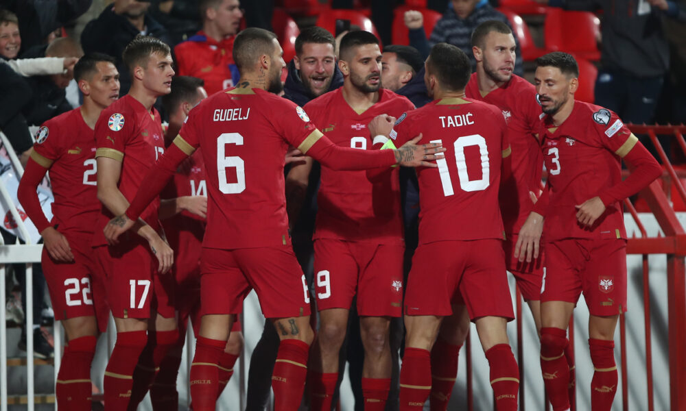 ANDRIJA ZIVKOVIC, SASA LUKIC, ALEKSANDAR MITROVIC, DUSAN TADIC, IVAN ILIC, NEMANJA GUDELJ, SERGEJ MILINKOVIC SAVIC, STRAHINJA PAVLOVIC, FILIP MLADENOVIC fudbaleri reprezentacije Srbije proslavljaju gol na utakmici kvalifikacija za UEFA Evropsko prvenstvo 2024 godine protiv Crne Gore na stadionu Rajko Mitic, Beograd 17.10.2023. godine Foto: Ivica Veselinov Fudbal, Reprezentacija, Srbija, Crna Gora, UEFA Evropsko prvenstvo, EURO 2024