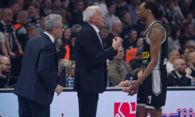 ZELIMIR OBRADOVIC ZELJKO trener i KEVIN PUNTER Kevin Panter kosarkas Partizana na utakmici Evrolige protiv Reala Madrid u hali Stark Beogradska arena, Beograd 21.03.2024. godine Foto: Marko Metlas Kosarka, Partizan, Evroliga, Real Madrid