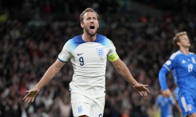 FILE - England's Harry Kane celebrates after scoring his side's third goal during the Euro 2024 group C qualifying soccer match between England and Italy at Wembley stadium in London, Tuesday, Oct. 17, 2023. The unpredictability of the European Championship, which kicks off in Munich on Friday, is what makes it such compelling viewing. Even in its expanded format of 24 teams, there is always the potential for a surprise. (AP Photo/Kirsty Wigglesworth, File)