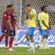 Brazil's Bruno Guimaraes (5) reacts to a missed scoring chance during a Copa America Group D soccer match against Costa Rica, Monday, June 24, 2024, in Inglewood, Calif. (AP Photo/Mark J. Terrill)
