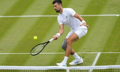 Novak Djokovic of Serbia plays a return during a training session on Court 2 at the All England Lawn Tennis and Croquet Club in Wimbledon, London, Friday, June 28, 2024. The Wimbledon Championships begin on July 1. (AP Photo/Kirsty Wigglesworth)
