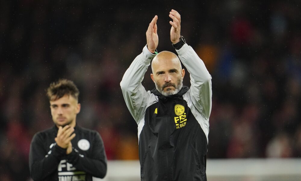 FILE - Leicester's head coach Enzo Maresca applauds fans at the end of the English League Cup third round soccer match between Liverpool and Leicester City at the Anfield stadium in Liverpool, England, Wednesday, Sept. 27, 2023. There is unprecedented managerial upheaval in the English Premier League. Five of the top 11 teams potentially will have new coaches at the start of next season and another of them changed managers just three months ago. (AP Photo/Jon Super, File)