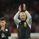 FILE - Leicester's head coach Enzo Maresca applauds fans at the end of the English League Cup third round soccer match between Liverpool and Leicester City at the Anfield stadium in Liverpool, England, Wednesday, Sept. 27, 2023. There is unprecedented managerial upheaval in the English Premier League. Five of the top 11 teams potentially will have new coaches at the start of next season and another of them changed managers just three months ago. (AP Photo/Jon Super, File)