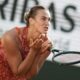 Aryna Sabalenka of Belarus reacts after missing a shot against Russia's Mirra Andreeva during their quarterfinal match of the French Open tennis tournament at the Roland Garros stadium in Paris, Wednesday, June 5, 2024. (AP Photo/Christophe Ena)