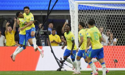 Brazil's Marquinhos, second left, celebrates with teammate Rodrygo a goal that was later disallowed by a VAR decision for offside during a Copa America Group D soccer match against Costa Rica Monday, June 24, 2024 in Inglewood, Calif. (AP Photo/Ryan Sun)
