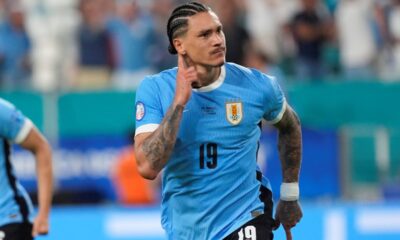 Uruguay's Darwin Nunez celebrates after scoring his side's 2nd goal against Panama during a Copa America Group C soccer match in Miami Gardens, Fla, Sunday, June 23, 2024. (AP Photo/Marta Lavandier)