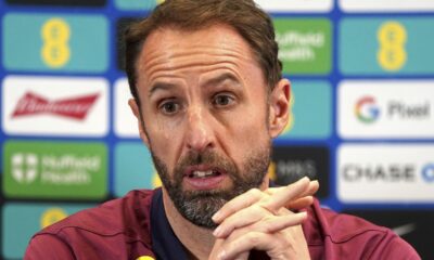 England manager Gareth Southgate speaks during a press conference at Rockliffe Park, County Durham, England, Sunday June 2, 2024, ahead of their friendly soccer match against Bosnia and Herzegovina on Monday. (Owen Humphreys/PA via AP)