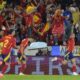Spain's Fabian Ruiz, right, celebrates after scoring during a round of sixteen match between Spain and Georgia at the Euro 2024 soccer tournament in Cologne, Germany, Sunday, June 30, 2024. (AP Photo/Martin Meissner)