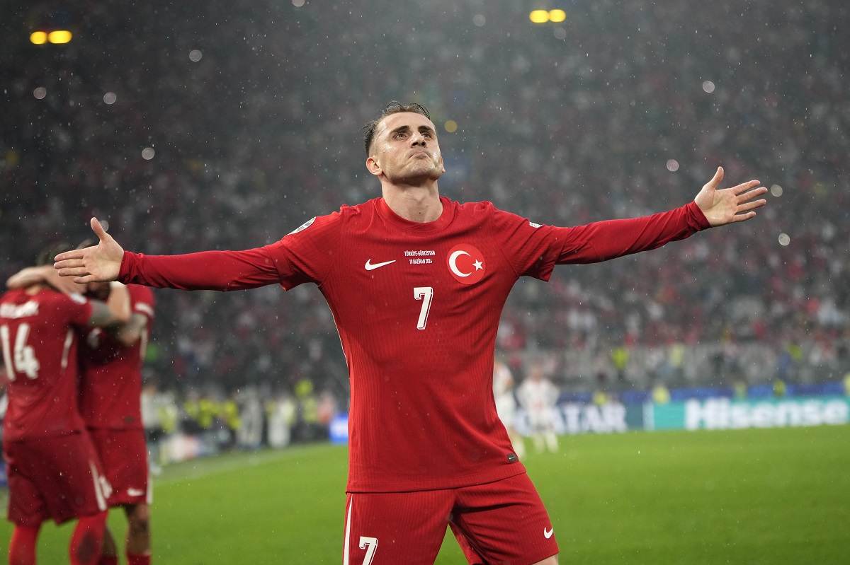 Turkey's Kerem Akturkoglu celebrates after scoring his side's third goal during a Group F match between Turkey and Georgia at the Euro 2024 soccer tournament in Dortmund, Germany, Tuesday, June 18, 2024. (AP Photo/Alessandra Tarantino)