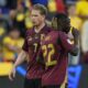 Belgium's Kevin De Bruyne, left, and Belgium's Jeremy Doku gather during a Group E match between Belgium and Romania at the Euro 2024 soccer tournament in Cologne, Germany, Saturday, June 22, 2024. (AP Photo/Martin Meissner)