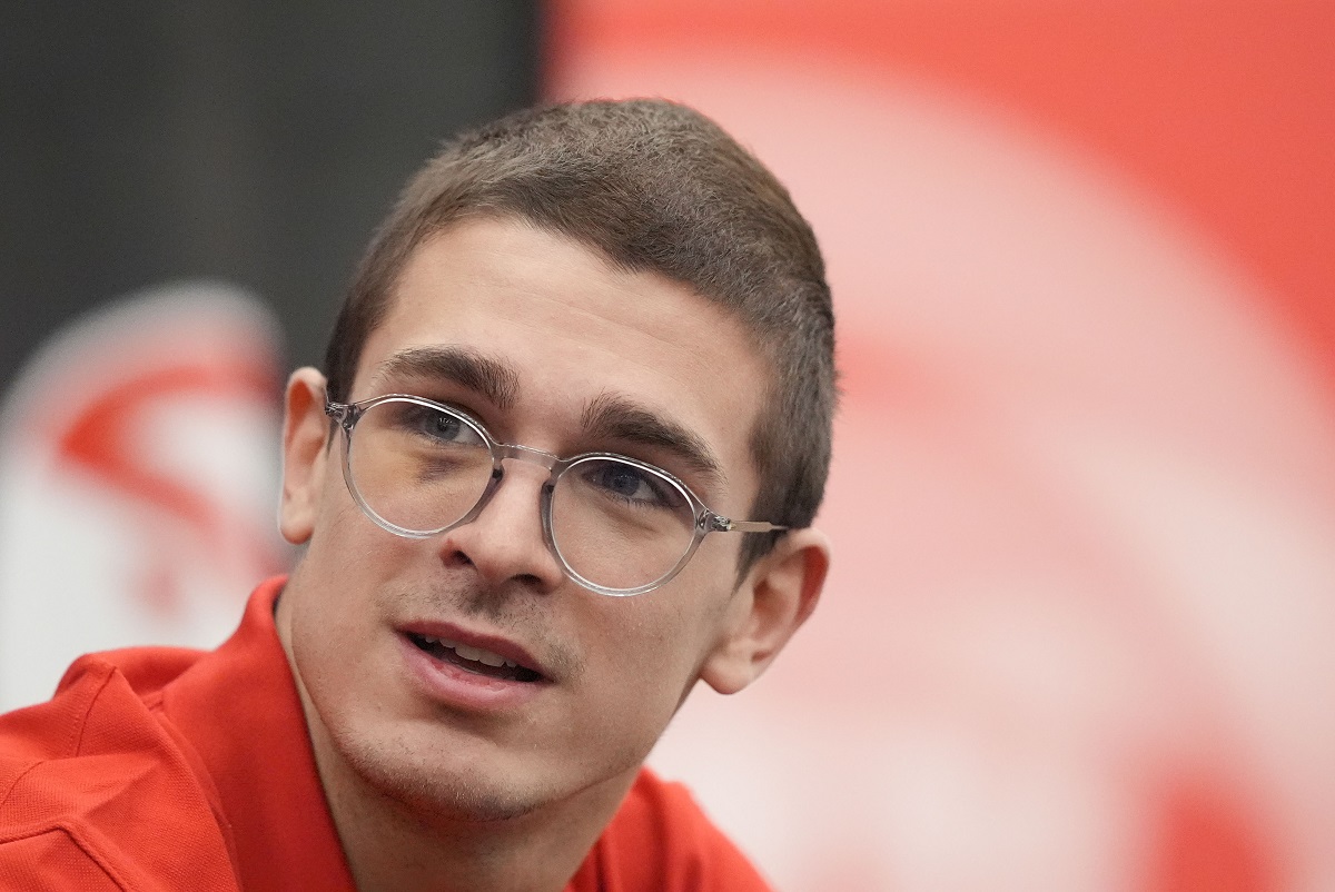 Atlanta Hawks' Nikola Djurišić speaks during an NBA basketball news conference, Friday, June 28, 2024, in Atlanta.Djurišić was selected as the NBA Second Round Draft Night Acquisition by the Atlanta Hawks. (AP Photo/Brynn Anderson)