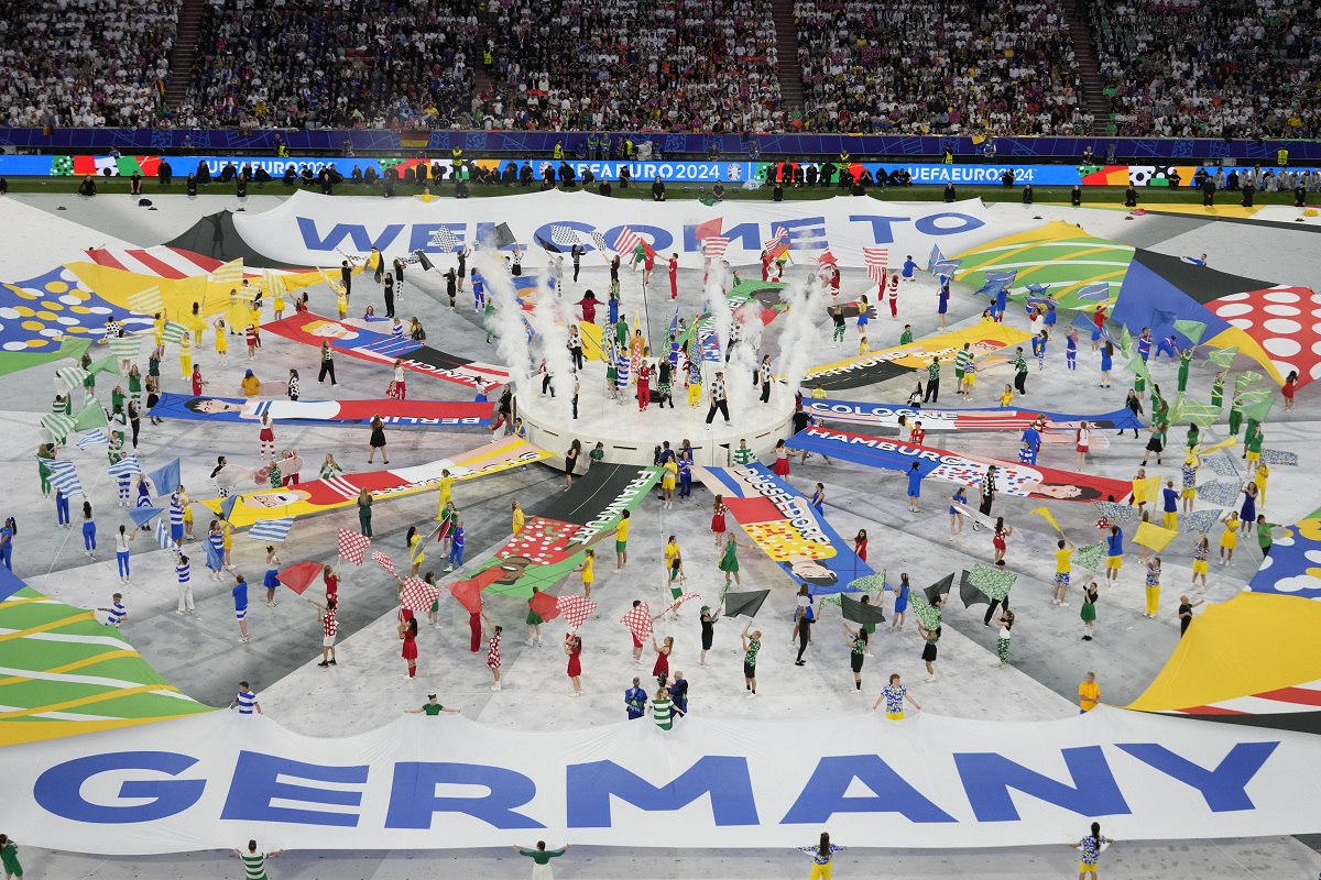 Dancers perform during the opening ceremony ahead of the Group A match between Germany and Scotland at the Euro 2024 soccer tournament in Munich, Germany, Friday, June 14, 2024. (AP Photo/Sergei Grits)