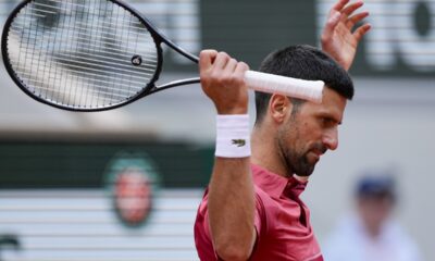 Serbia's Novak Djokovic gestures during his fourth round match of the French Open tennis tournament against Argentina's Francisco Cerundolo at the Roland Garros stadium in Paris, Monday, June 3, 2024. (AP Photo/Thibault Camus)