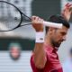Serbia's Novak Djokovic gestures during his fourth round match of the French Open tennis tournament against Argentina's Francisco Cerundolo at the Roland Garros stadium in Paris, Monday, June 3, 2024. (AP Photo/Thibault Camus)