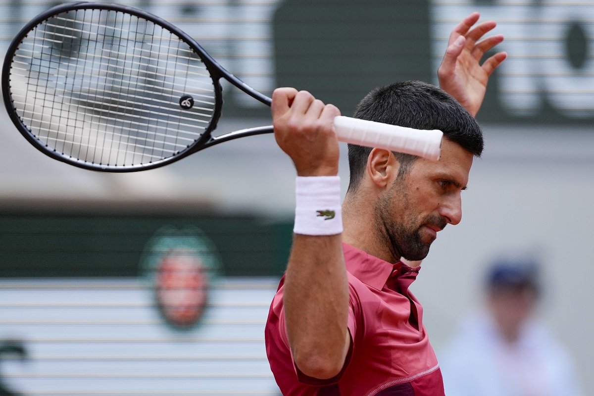 Serbia's Novak Djokovic gestures during his fourth round match of the French Open tennis tournament against Argentina's Francisco Cerundolo at the Roland Garros stadium in Paris, Monday, June 3, 2024. (AP Photo/Thibault Camus)