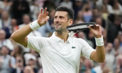 Novak Djokovic of Serbia reacts after defeating Alexei Popyrin of Australia in their third round match at the Wimbledon tennis championships in London, Saturday, July 6, 2024. (AP Photo/Kirsty Wigglesworth)