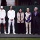 CAPTION CORRECTS ID Current and former players, from left, Holger Rune, Novak Djokovic, Conchita Martinez, Martina Navratilova, and John McEnroe listen to Britain's Andy Murray as he speaks with Sue Barker following his first round doubles match with this brother Jamie against Australia's John Peers and Ricky Hijikata at the Wimbledon tennis championships in London, Thursday, July 4, 2024. (John Walton/PA via AP)