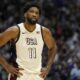 United States' center Joel Embiid reacts during an exhibition basketball game between the United States and Germany at the O2 Arena in London, Monday, July 22, 2024. (AP Photo/Alastair Grant)