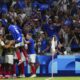 France players celebrate after Alexandre Lacazette scored his side's first goal during the men's Group A soccer match between France and the United States at the Velodrome stadium, during the 2024 Summer Olympics, Wednesday, July 24, 2024, in Marseille, France. (AP Photo/Daniel Cole)