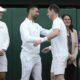Britain's Andy Murray reacts with Serbia's Novak Djokovic, second left, as Holger Rune, left, of Denmark, and Conchita Martinez of Spain, and Martina Navratilova, right, of the US watch following his first round doubles match at the Wimbledon tennis championships in London, Thursday, July 4, 2024. (AP Photo/Kirsty Wigglesworth)